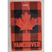 VANCOUVER LUGGAGE TAG CHECKED BLACK/RED/GREY WITH MAPLE LEAF AND "VANCOUVER"