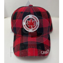 CANADA CAP, RED/BLACK PLAID WITH LOGO IN FRONT MAPLE LEAF AND CANADA