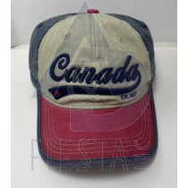 CANADA CAP, PIGMENT DYED COTTON BEIGE/BURGANDY/NAVY WITH 3D "CANADA" SCRIPT UNDERLINED